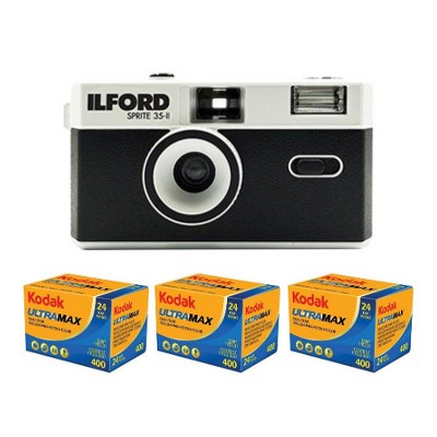 Ilford Sprite 35-II 35mm Film Camera (Silver) with 3-Pack Kodak 400 Film Bundle