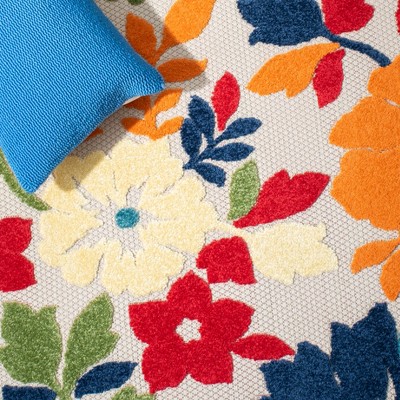Ivory and Orange Floral Synthetic Indoor/Outdoor Area Rug