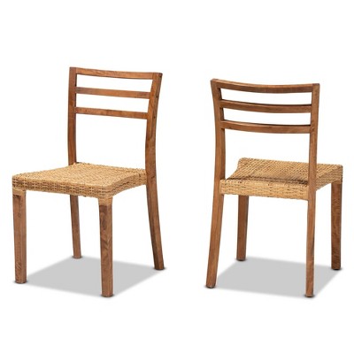 Arthur Mid-Century Modern Walnut and Natural Rattan Dining Chair Set