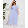 Women's Plus Size V Neck Ruffle Sleeve Belted Wide Leg Pants Summer Casual Long Jumpsuit Rompers - 2 of 4