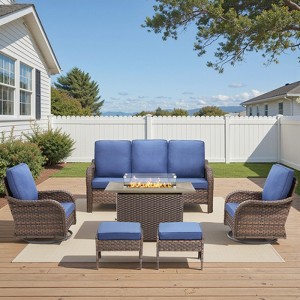 Buenhomino Patio Furniture with Fire Pit, Wicker Outdoor Couch and Swivel Rocking Chairs, Propane Fire Pit Conversation Set - 1 of 4