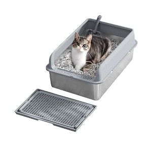 Stainless Steel Cat Litter Tray, High Sided Cat Litter Box with Splash-Proof, 30L Large Litter Tray with Metal Litter Scoop - 1 of 4
