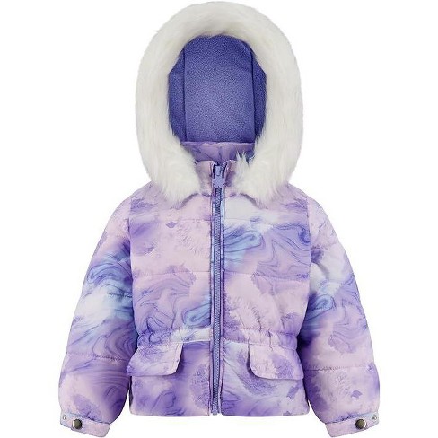 London Fog Girls Heavyweight Warm Winter Coat With Faux Fur Trim Purple Print 14 16 Target