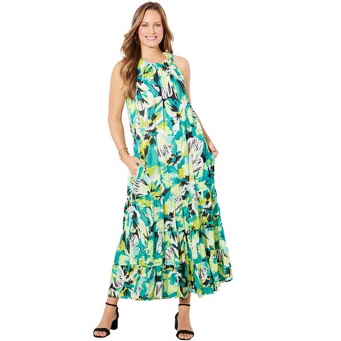 Catherines Women's Plus Size Halter Maxi Dress - 0x, Aqua Sea Floral ...