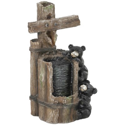 Outsunny 22.8" Outdoor Water Fountain, 3-Tier Floor Standing Resin Bears on Log Waterfall Fountain with LED Lights, Pump