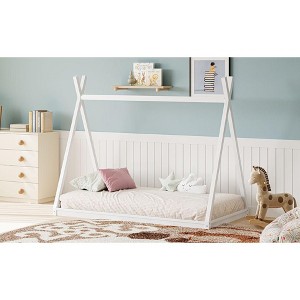 Kumasinova Twin Tent-Shaped Floor Bed for Kids,Montessori Low-Floor bed with Canopy,Safe Pine Wood Bedframe,Formaldehyde-Free,No Slats - 1 of 4