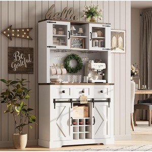 72" Farmhouse Bar Cabinet with Sliding Barn Door, Tall Kitchen Buffet with Storage Hutch and 3 Drawer - 1 of 4