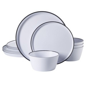 Gibson Home Folsom Shores 12 Piece Melamine Dinnerware Set in White w/ Black Rim - 1 of 4