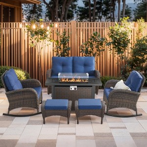 Buenhomino 7 Piece Outdoor Patio Wicker Conversation Sets with 43" Fire Pit Table, Includes Glider Loveseat, Rocking Chairs, Ottomans and Side Table - 1 of 4