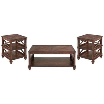 3pc Bridgton Wood Living Room Set with Coffee Table and 2 Shelf End Tables Cherry - Alaterre Furniture