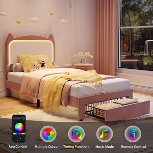 Bed Frame with LED Lights & Cat Headboard, Velvet Upholstered Platform Bed, No Box Spring Needed, App/Remote Control - 1 of 4