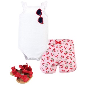 Little Treasure Baby Girls Cotton Bodysuit, Pant and Shoe 3pc Set, Cherries - 1 of 4