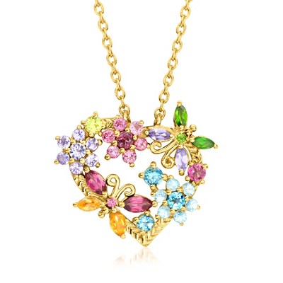 Ross-Simons 1.88 ct. t.w. Multi-Gemstone Flower and Butterfly Heart Necklace in 18kt Gold Over Sterling Size 18