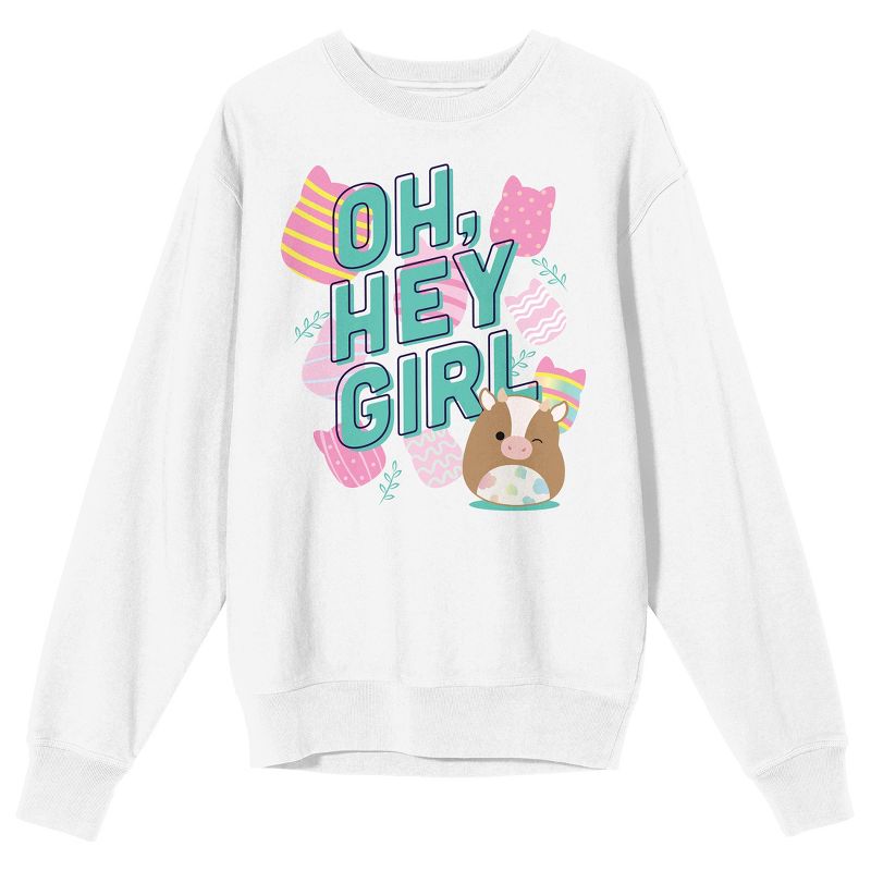 Squishmallows "Oh, Hey Girl" Adult White Crew Neck Long Sleeve Sweatshirt, 1 of 4