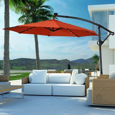 Costway 10FT Patio Offset Umbrella Solar LED 360degrees Rotation Orange