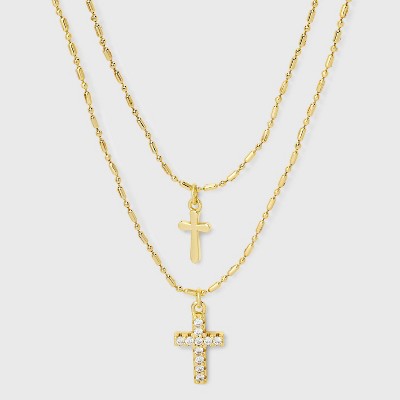 14K Gold Dipped Double Cross Pendant Multi-Strand Necklace - Gold