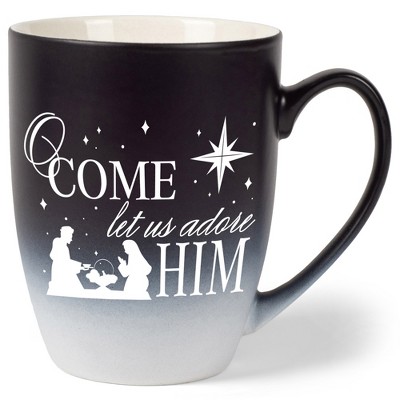 Elanze Designs O Come Let Us Adore Him Two Toned Ombre Matte Black and White 12 ounce Ceramic Stoneware Coffee Cup Mug