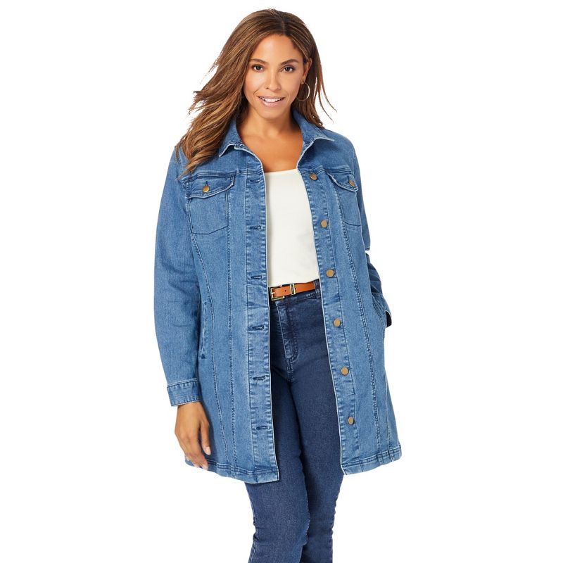 Jessica London Women's Plus Size Long Denim Jacket Oversized Jean Jacket, 1 of 2
