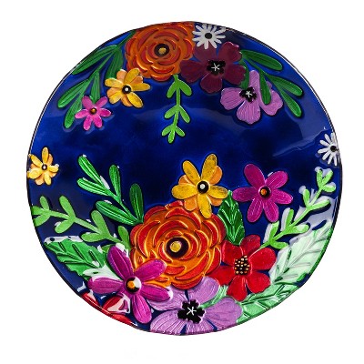 Evergreen 18" Hand Painted Embossed Glass Bird Bath, Bright Florals