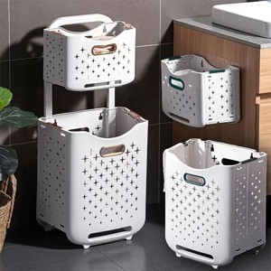 Extra Large 2-Tier Laundry Basket w/Wheels, Foldable Double Hamper Clothes Storage Bin w/Handles, Freestanding Collapsible Organizer for Dirty Clothes - 1 of 4