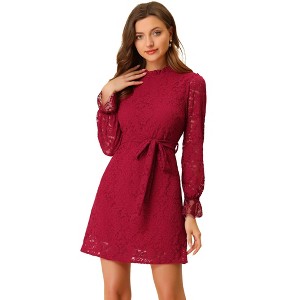 Allegra K Women's Elegant Ruffle Crew Neck Formal Elegant Mini Floral Lace Dress - 1 of 4