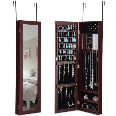 Jewelry Organizer Cabinet, Hanging Jewelry Armoire Organizer with Mirror&LED Lights, Rustic Wall-Mounted Jewelry Storage Organizer, Lockable Mirrored