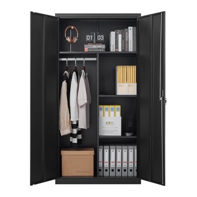70" Metal Armoire Wardrobe Cabinets with Lock &Hanging Rod &Adjustable Shelves Clothing Storage Cabinet Bedroom Black Wardrobe, 70.8"Hx35.4"Lx17.7"W