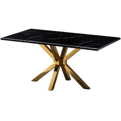 HomeRoots 63" Black and Gold Marble and Metal Cross Leg Base Dining Table