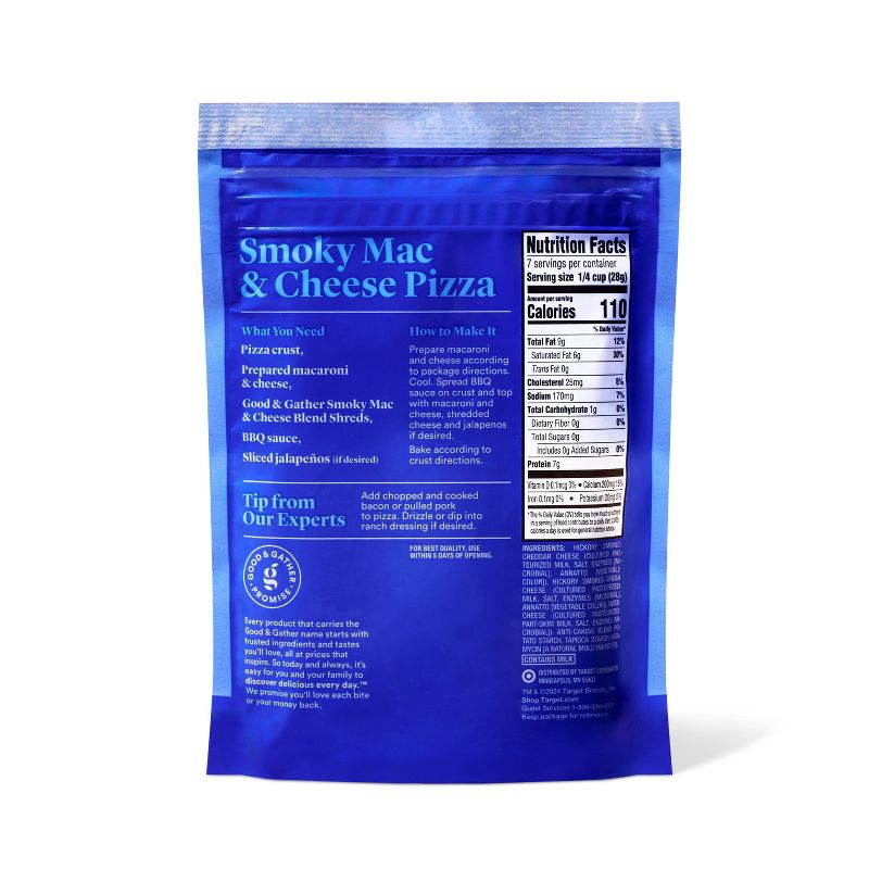 Blue package labeled "Smoky Mac & Cheese Pizza" with nutrition facts and preparation instructions.