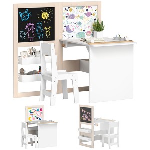 Qaba Kids Table and Chair Set, 3 in 1 Kids Art Table and Chair Set with Storage Shelves, Blackboard, Whiteboard, Roll Paper, for 3-8 Years, White - 1 of 4