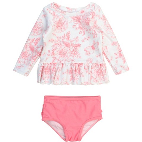 RuffleButts Girls Upf50+ Sun Protected Scallop Hem Long Sleeve Rash Guard Bikini - Bubblegum Pink Butterfly Garden Toile, 6