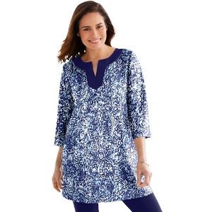 Woman Within Plus Size Contrast Notch-Neck Three-Quarter Sleeve Knit Tunic - 1 of 4