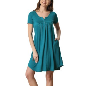 cheibear Women's Soft Front Button Short Sleeve Sleepwear Lounge Nightgown with Pockets - 1 of 4