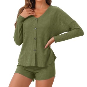 cheibear Women's Waffle Knit Button-Up Long Sleeve Top and Shorts Pajama Set - 1 of 4