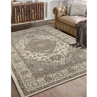 Green and Beige Medallion Synthetic Stain-Resistant Area Rug