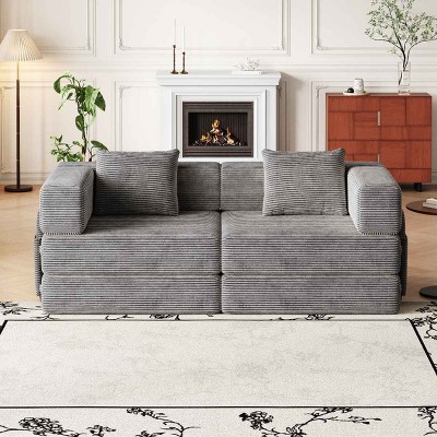 72.4 Inch Convertible Sofa Bed for Living Room, Folding Design Sofa with Cushions and Side Storage Pockets, Corduroy Fabric Sofa-Coolbibila