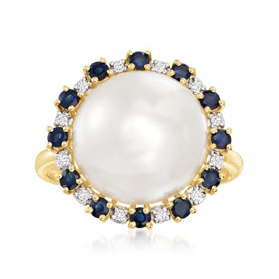 Ross-Simons 12.5-13mm Cultured Button Pearl and .60 ct. t.w. Sapphire Ring With Diamond Accents in 14kt Yellow Gold