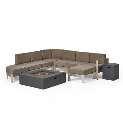 Cape Coral 9pc Half Round 5 Seater Sectional Set with Fire Pit and Tank Holder - Khaki/Silver/Dark Gray - Christopher Knight Home