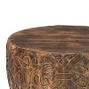 The Urban Port 34" Handcrafted Mango Wood Coffee Table Round Drum Shape Carved Damask Pattern Walnut Brown - 3 of 4