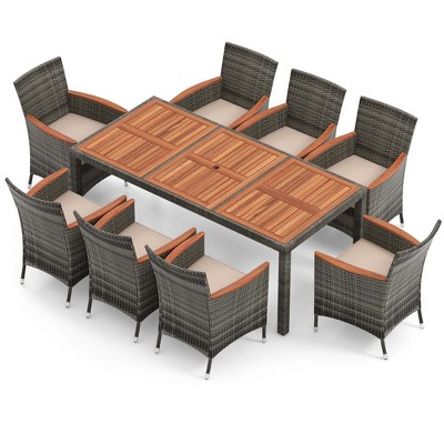 Mix Gray 9-Piece Outdoor Wicker Dining Set with Acacia Wood Table and Beige Cushions