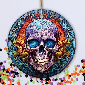 Grim Guardian Haunting Skull Stained Glass Style Ceramic Ornament, Halloween Themed Christmas Gift and Decor| OrnamentallyYou - 1 of 4