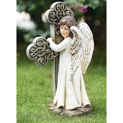 Roman 11.75" Angel Facing Cross Religious Outdoor Garden Statue - White/Gray