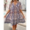 Coolmee Womens Dresses Boho Floral V Neck Short Sleeve Smocked Elastic Waist Casual A-Line Swing Mini Dress Sundress - 4 of 4