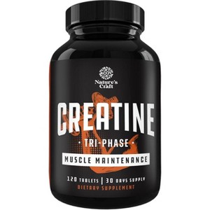Creatine Tri-Phase Tablets, Formula Blend of Creatine Monohydrate, HCL & Pyruvate, Muscle Mass Gain & Recovery Supplement, Nature's Craft, 120ct - 1 of 4