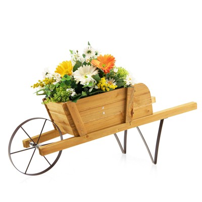 Tangkula Flower Pot Wheelbarrow Planter Solid Pine Wood Wagon Planter w/ Triangular Metal Support 2 Energy-saving Handles Movable Whee Walnut/Red