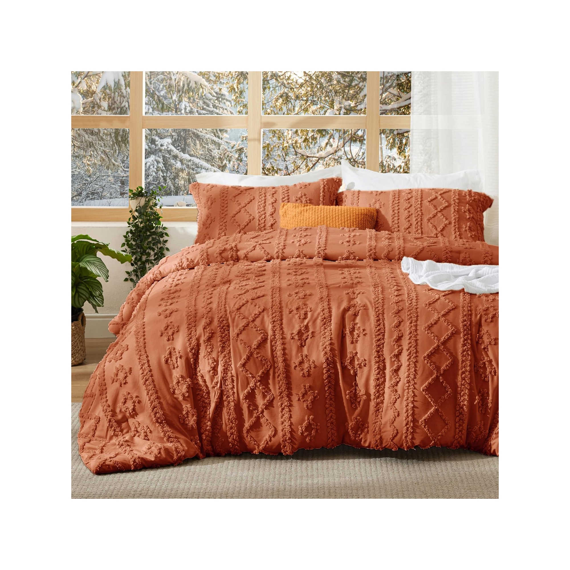 3Pcs Tufted Boho Farmhouse Shabby Chic Embroidery Terracotta King Size Comforter Set - Bedsure