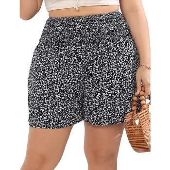 Women Plus Size Comfy Shorts Elastic High Waist Casual Summer Pleated Lounge Shorts