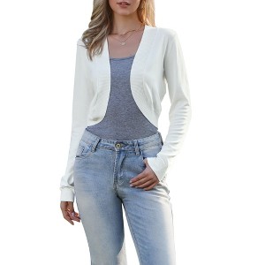 INSPIRE CHIC Women's Collarless Long Sleeve Open Front Knit Curved Hem Cropped Cardigan - 1 of 4