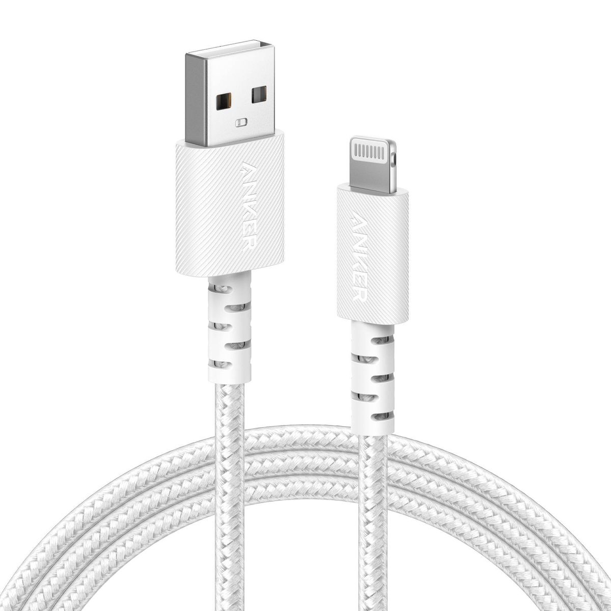 Anker 6' Braided Lightning to USB-A Charging Cable - White: Apple Lightning Connector