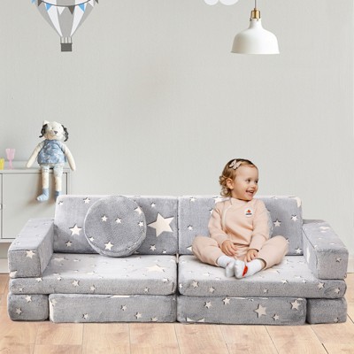 12 Pcs Modular Kids Large Play Sofa with Star Glow in The Dark Convertible Foam and Floor Cushion for Boys and Girls